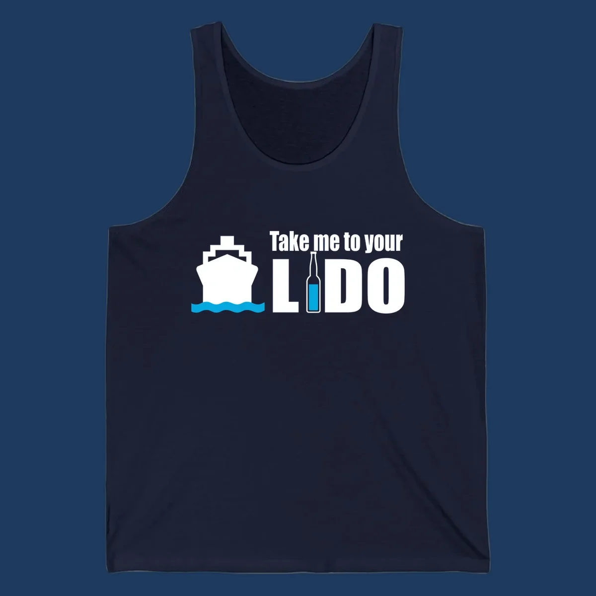 Cruise ship with ocean waves and beer bottle illustration with text 'Take me to your LIDO' - a humorous nautical design