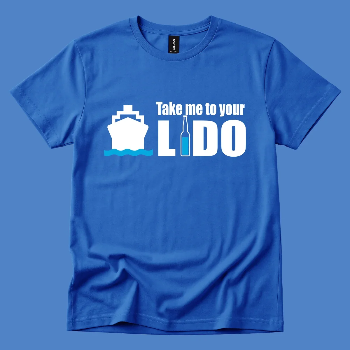 Cruise ship with ocean waves and beer bottle illustration with text 'Take me to your LIDO' - a humorous nautical design