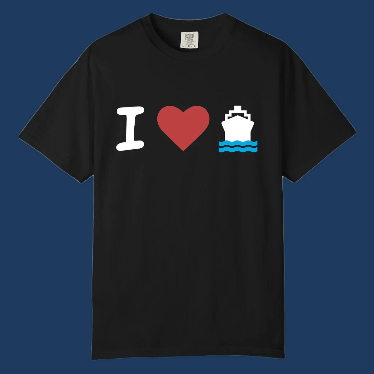 I love cruise ships design featuring a red heart between a white I and white cruise ship with blue waves