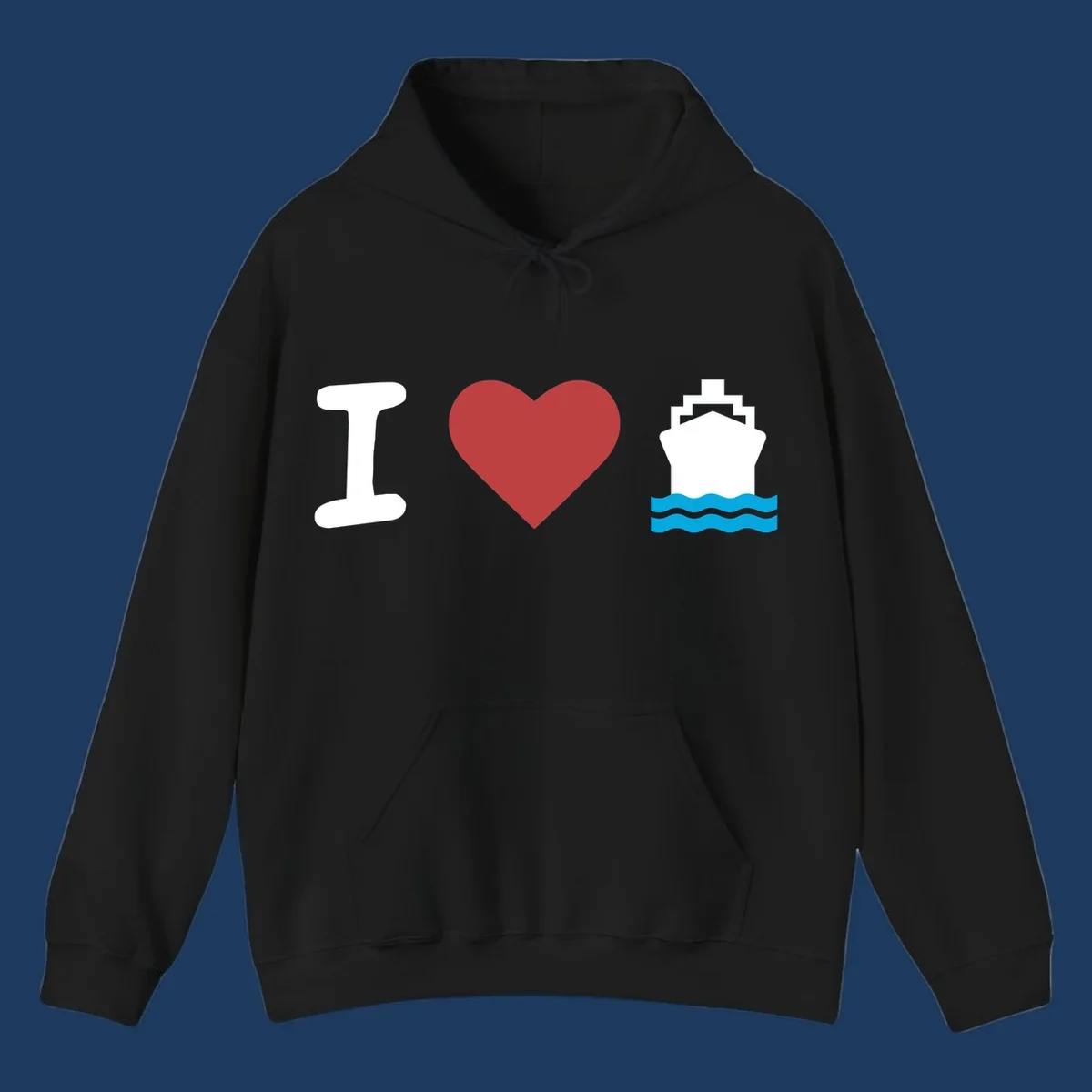 I love cruise ships design featuring a red heart between a white I and white cruise ship with blue waves
