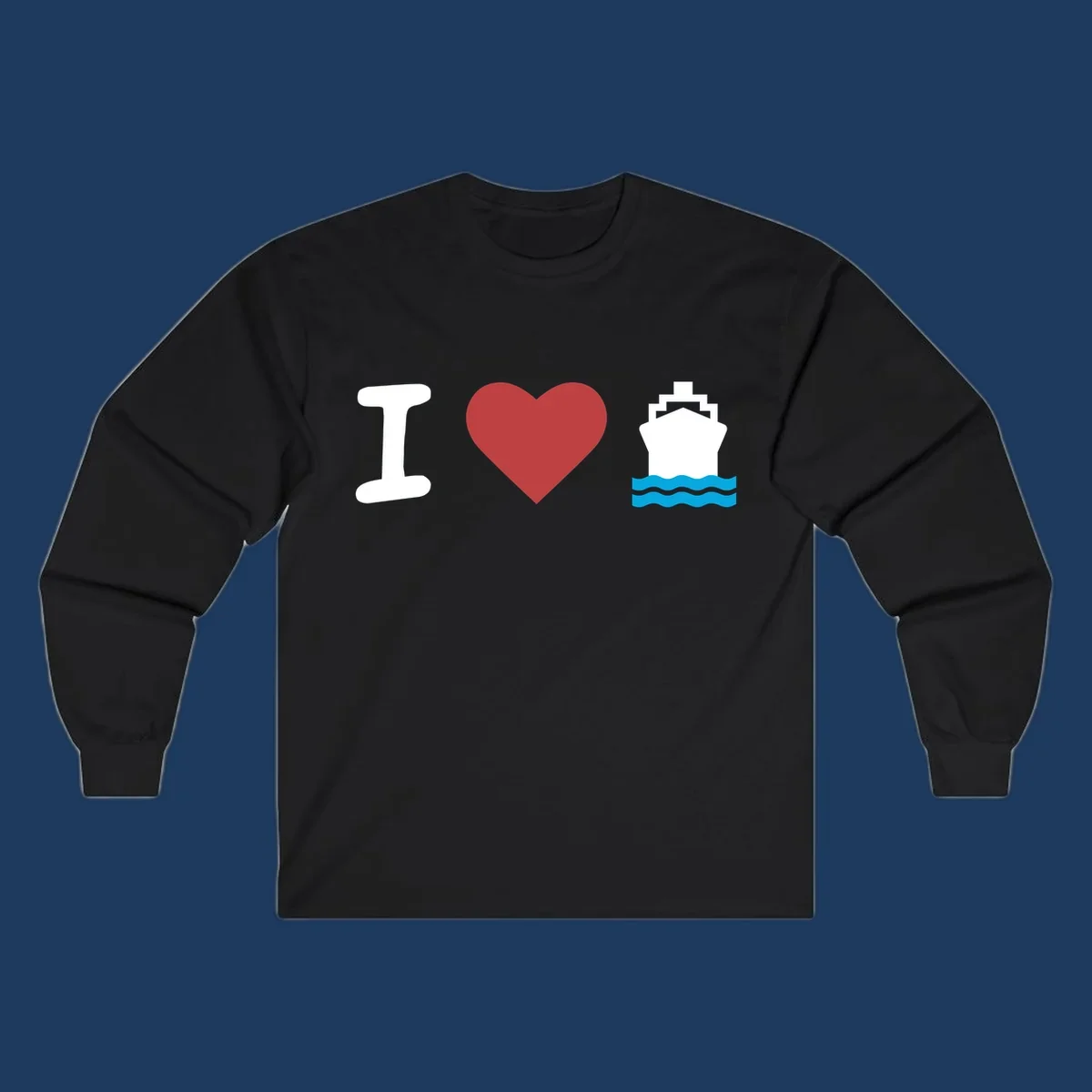 I love cruise ships design featuring a red heart between a white I and white cruise ship with blue waves