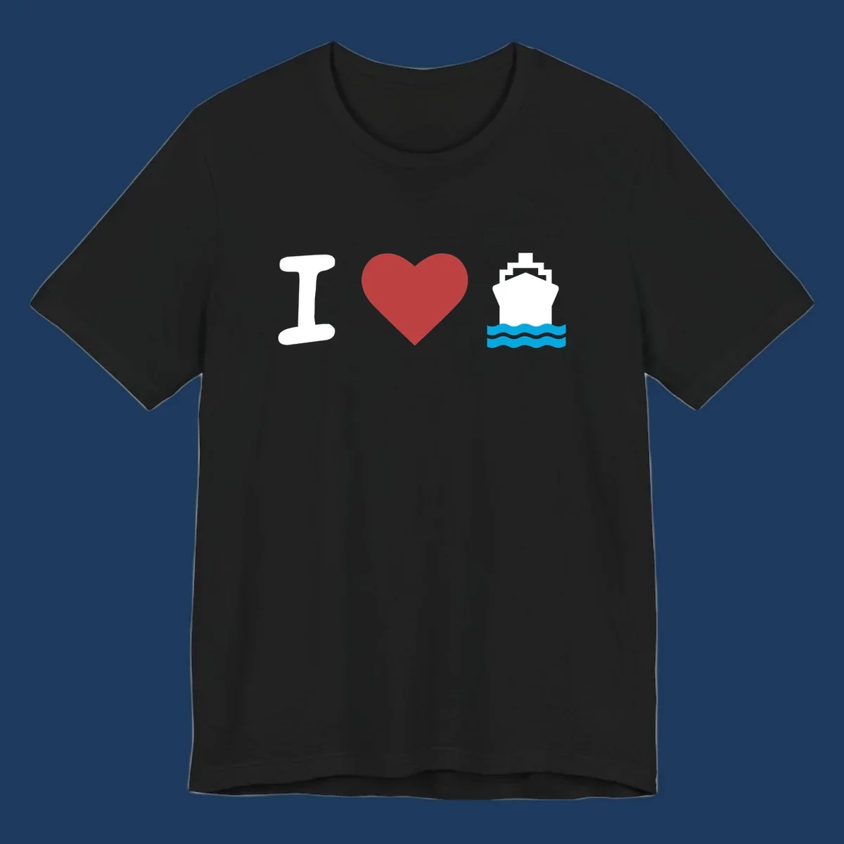 I love cruise ships design featuring a red heart between a white I and white cruise ship with blue waves