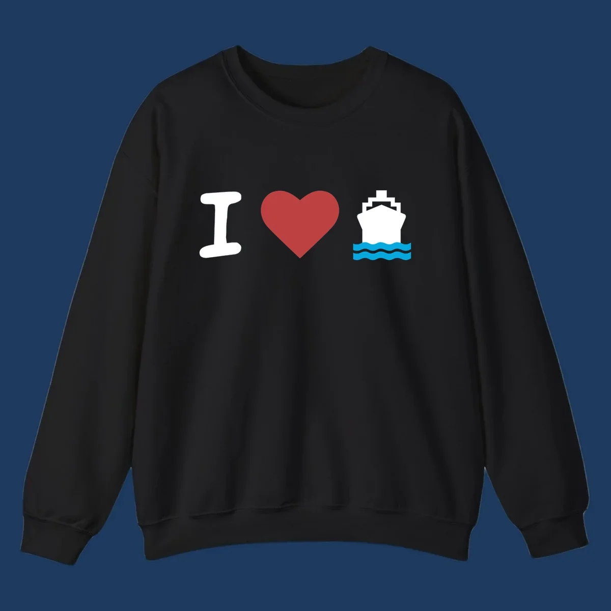 I love cruise ships design featuring a red heart between a white I and white cruise ship with blue waves