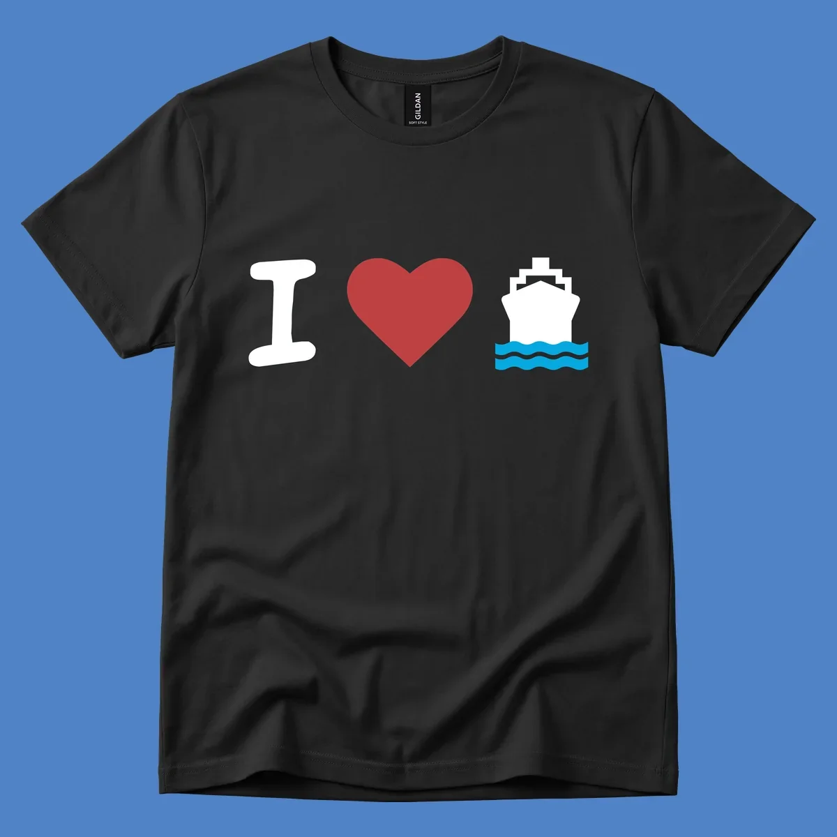 I love cruise ships design featuring a red heart between a white I and white cruise ship with blue waves
