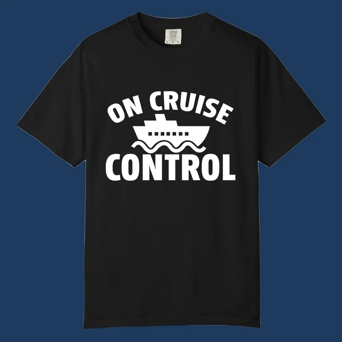 On Cruise Control design: white cruise ship with portholes centered between text, wavy ocean lines below on gray background
