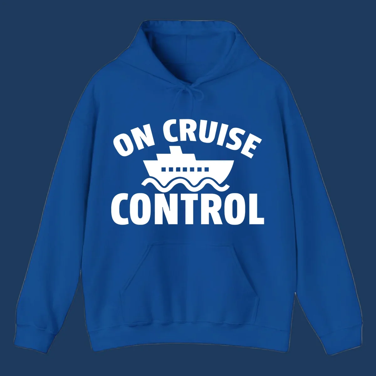 On Cruise Control design: white cruise ship with portholes centered between text, wavy ocean lines below on gray background