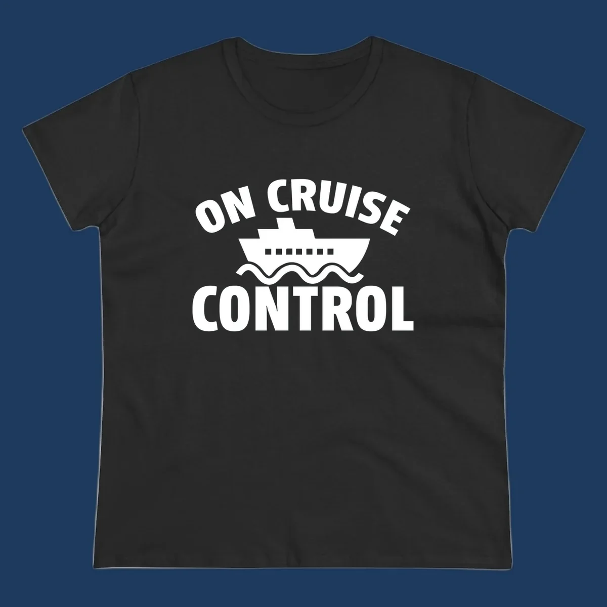 On Cruise Control design: white cruise ship with portholes centered between text, wavy ocean lines below on gray background