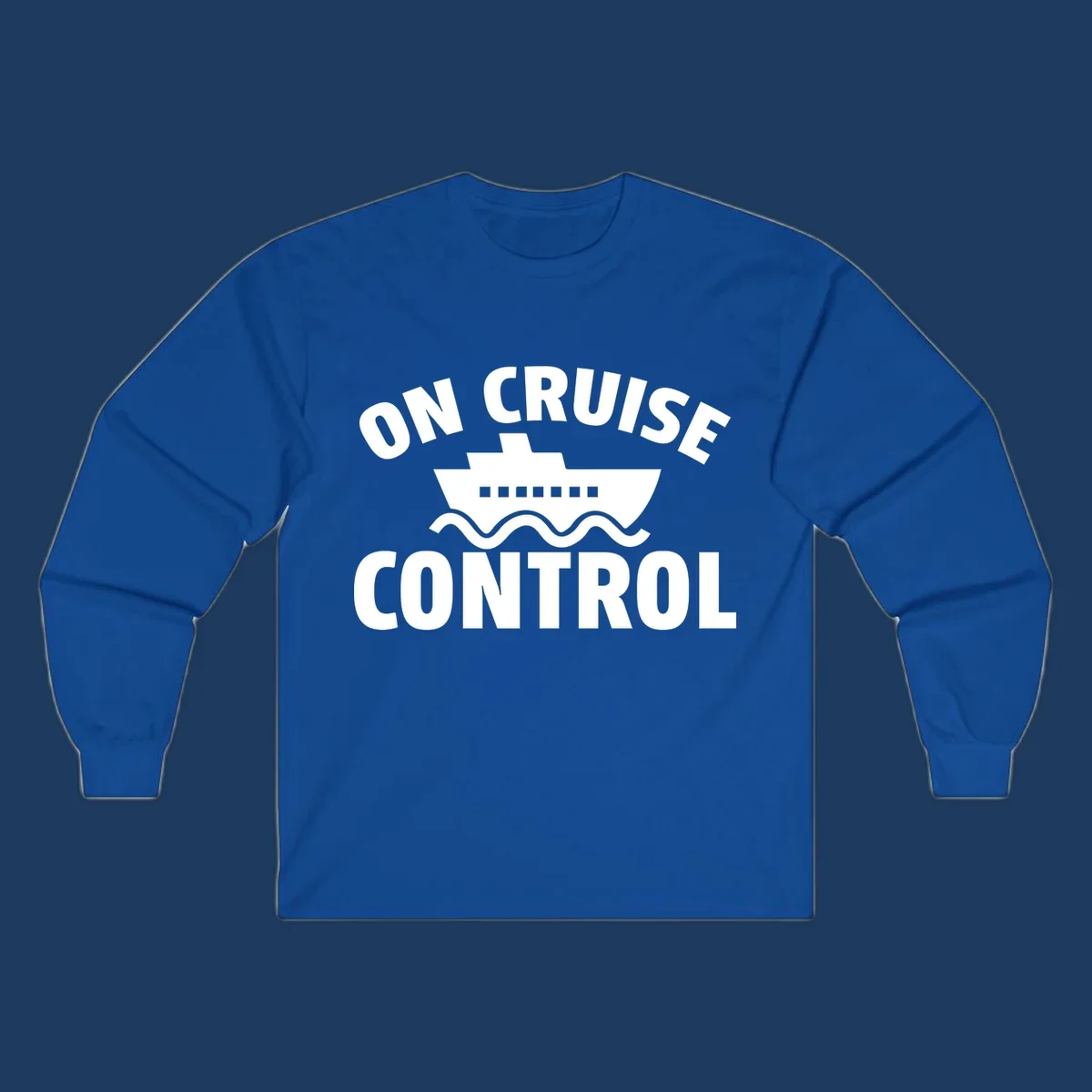On Cruise Control design: white cruise ship with portholes centered between text, wavy ocean lines below on gray background