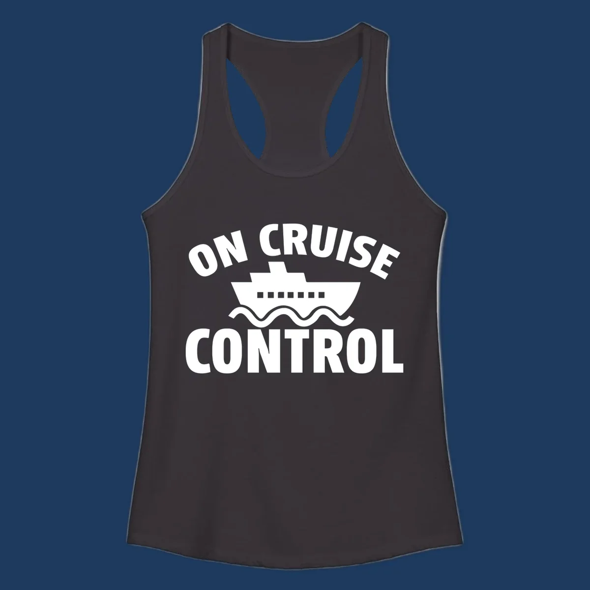 On Cruise Control design: white cruise ship with portholes centered between text, wavy ocean lines below on gray background