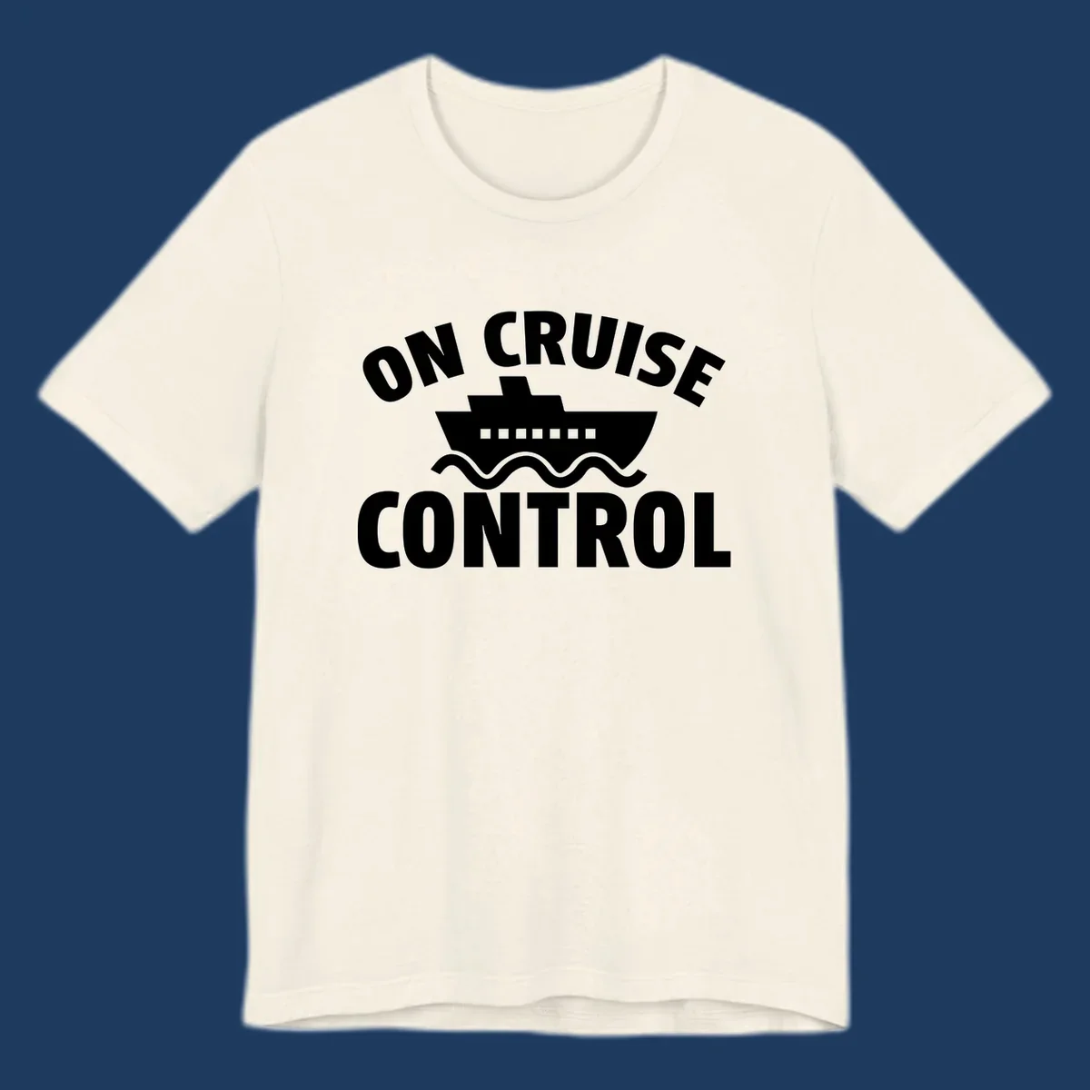 On Cruise Control design: white cruise ship with portholes centered between text, wavy ocean lines below on gray background