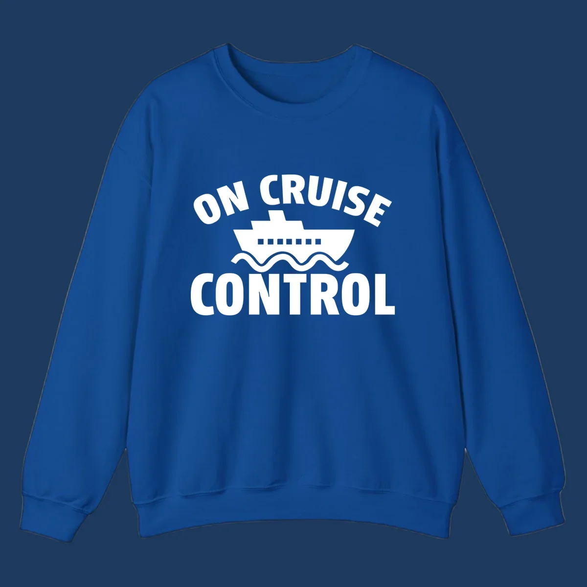 On Cruise Control design: white cruise ship with portholes centered between text, wavy ocean lines below on gray background