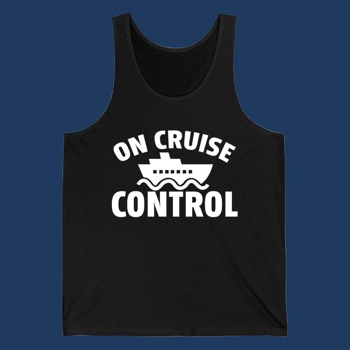 On Cruise Control design: white cruise ship with portholes centered between text, wavy ocean lines below on gray background