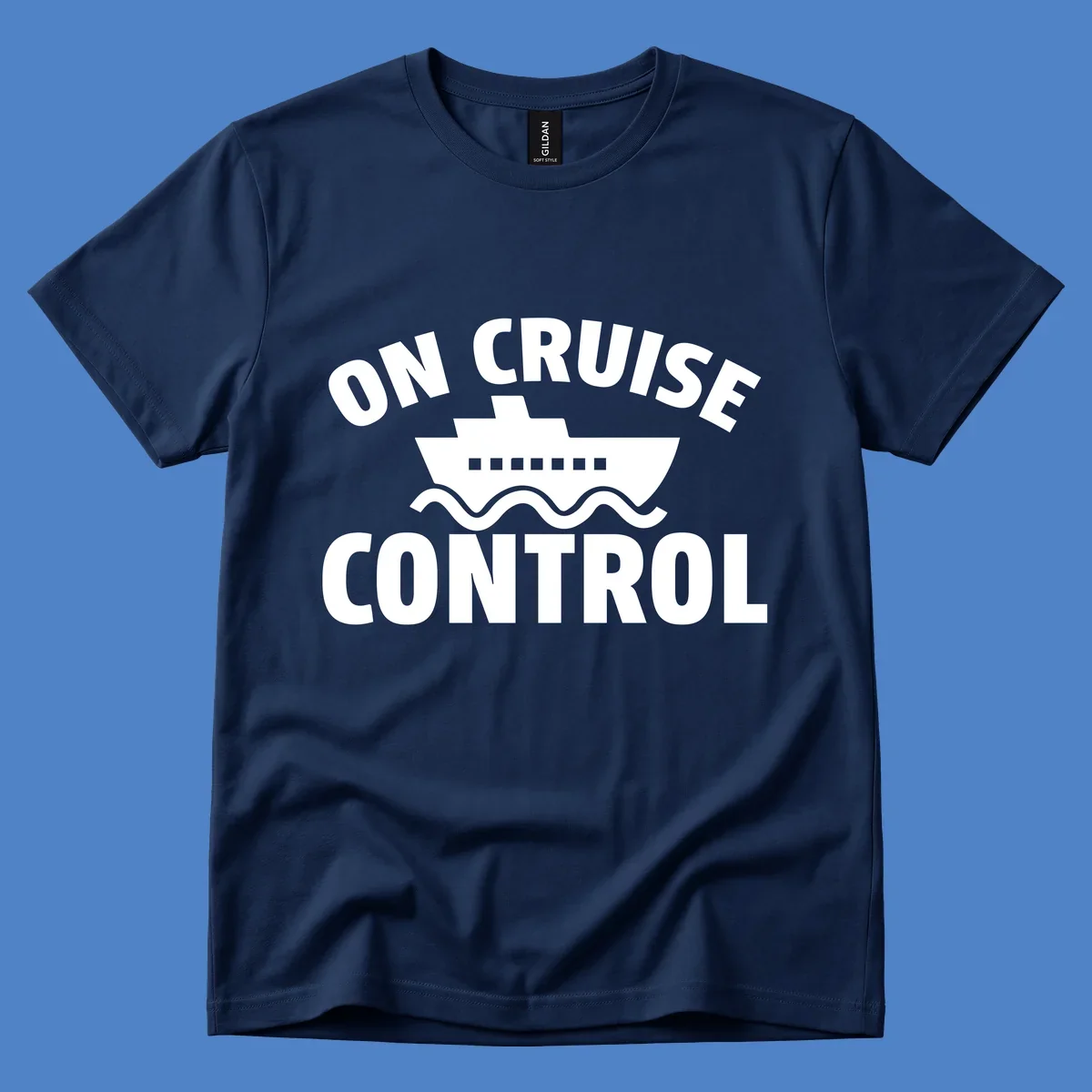 On Cruise Control design: white cruise ship with portholes centered between text, wavy ocean lines below on gray background