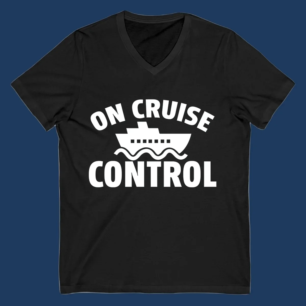 On Cruise Control design: white cruise ship with portholes centered between text, wavy ocean lines below on gray background