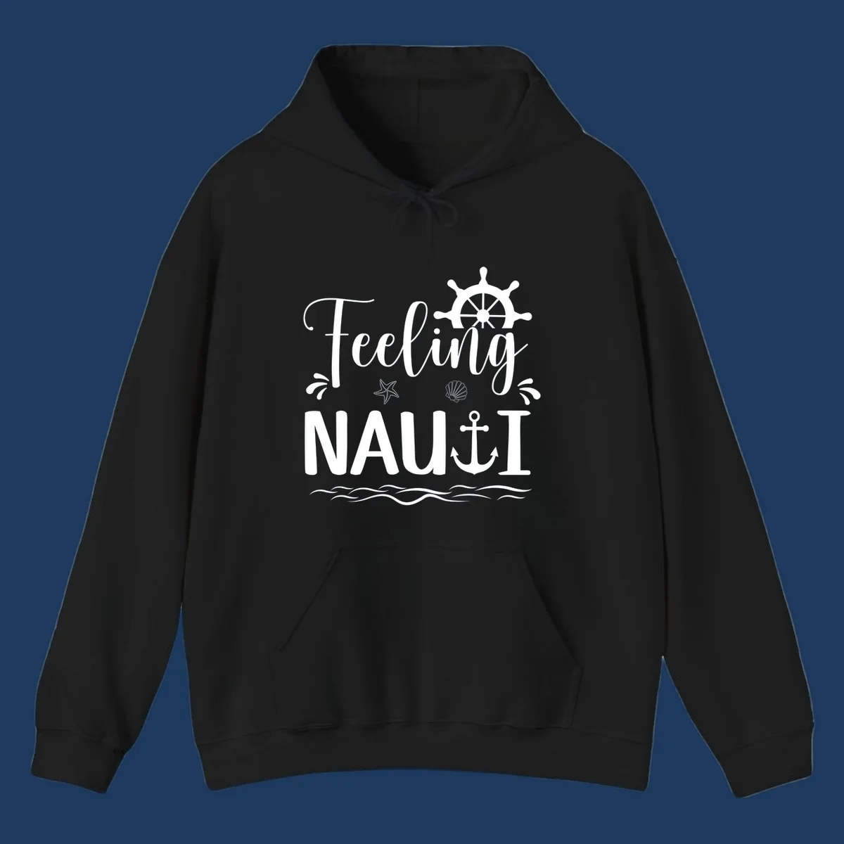 White nautical design with 'Feeling NAUTI' text, ship wheel, anchor, starfish, seashell and waves on gray background