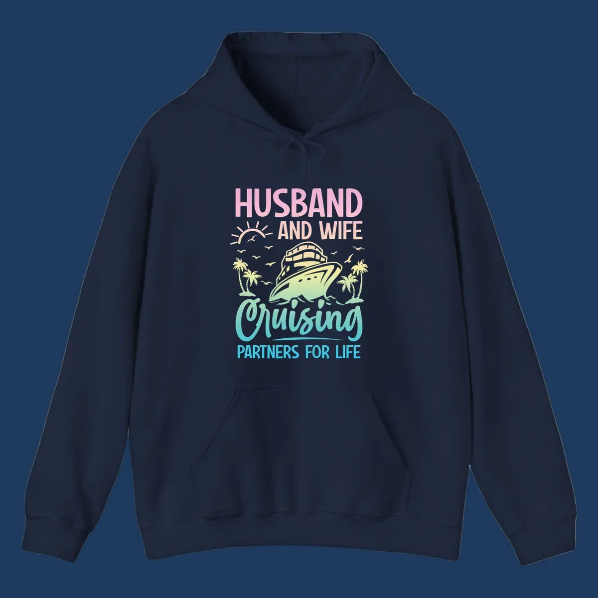 Husband and wife cruising partners design featuring a cruise ship, palm trees, and sunrise with gradient text on gray background