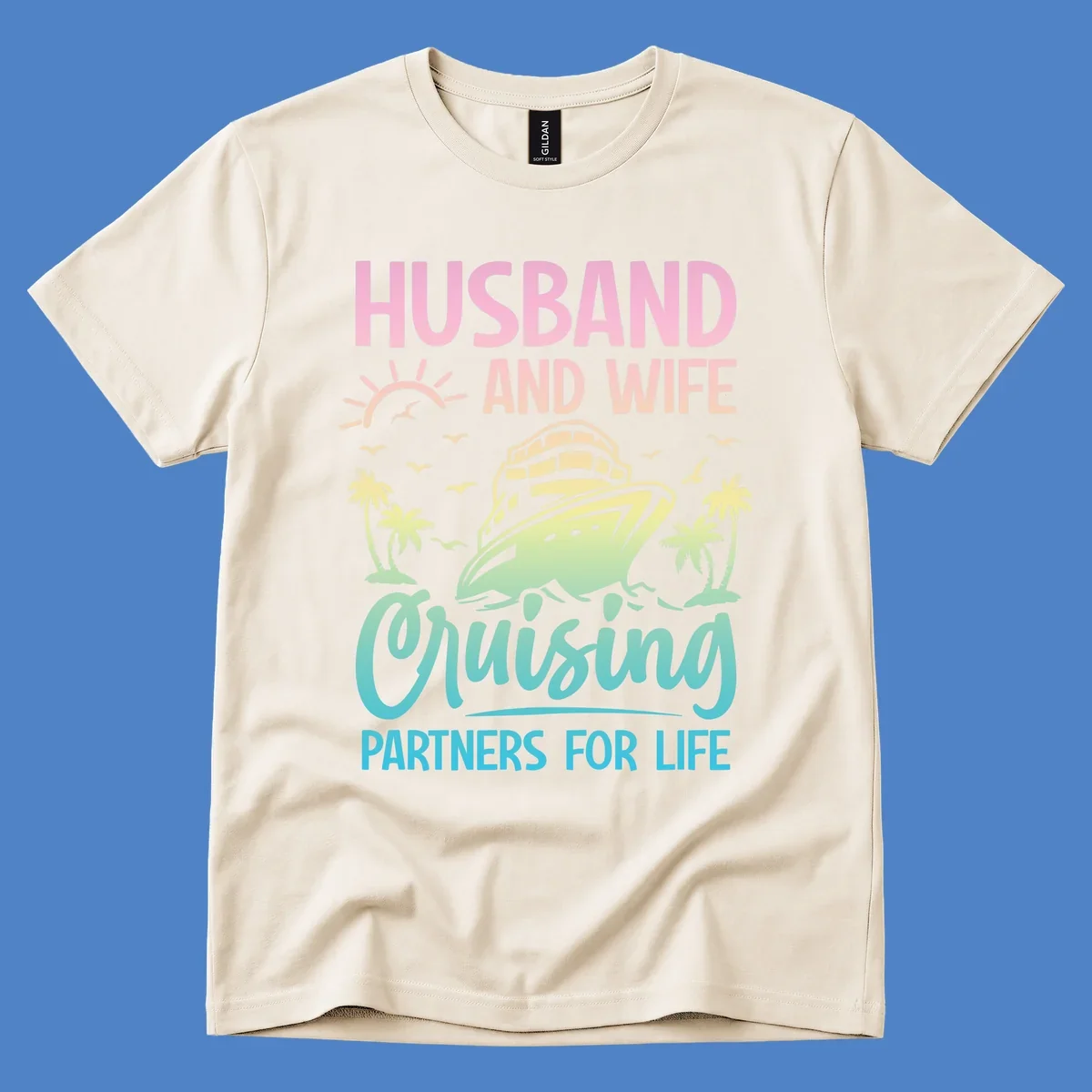 Husband and wife cruising partners design featuring a cruise ship, palm trees, and sunrise with gradient text on gray background