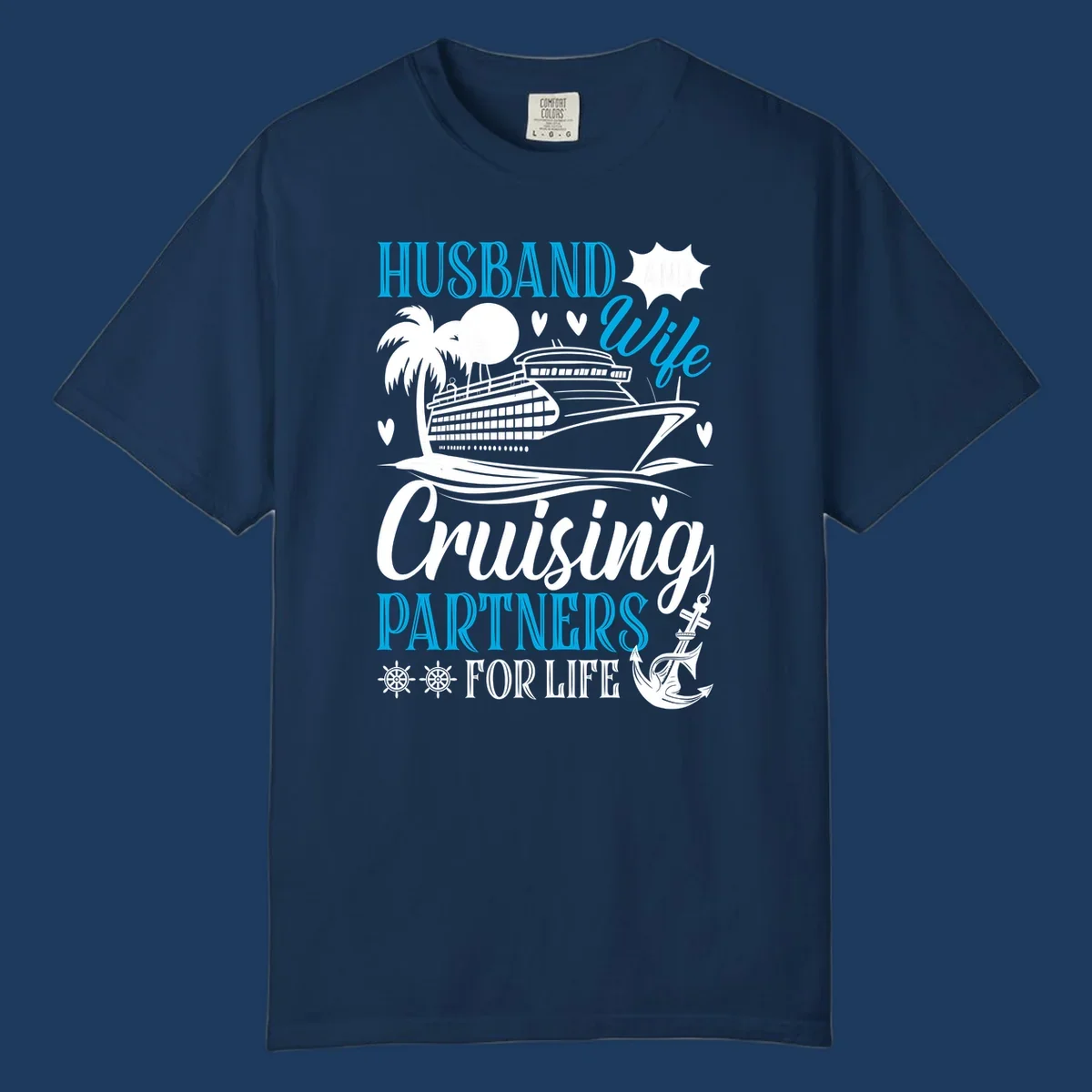 Husband and wife cruise partners design with ship, palm tree, anchor and hearts celebrating couples' cruise vacations