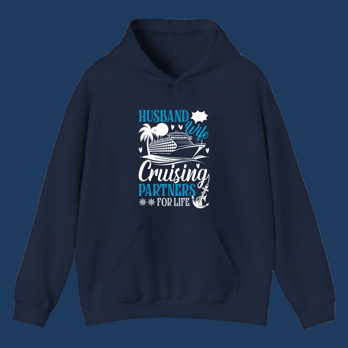 Husband and wife cruise partners design with ship, palm tree, anchor and hearts celebrating couples' cruise vacations