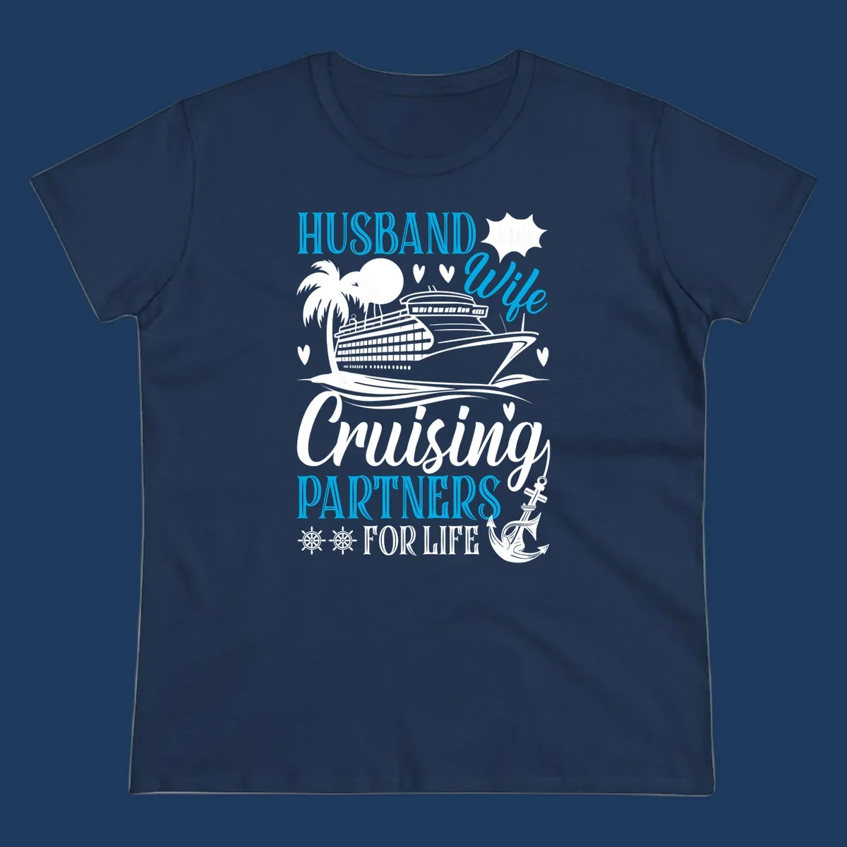 Husband and wife cruise partners design with ship, palm tree, anchor and hearts celebrating couples' cruise vacations