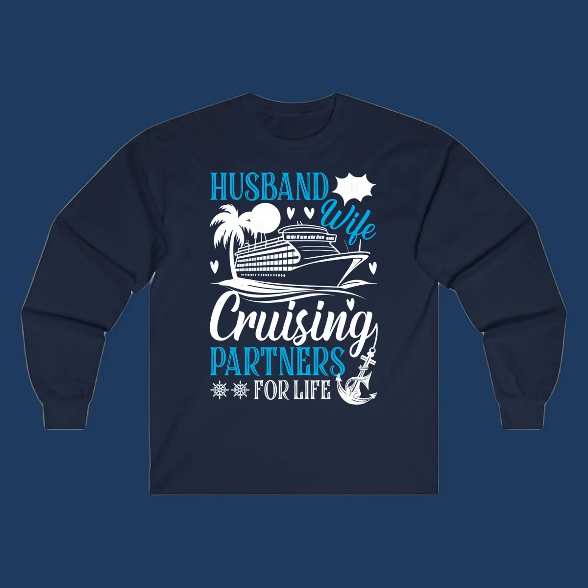 Husband and wife cruise partners design with ship, palm tree, anchor and hearts celebrating couples' cruise vacations