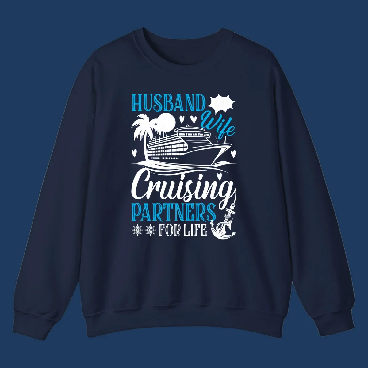 Husband and wife cruise partners design with ship, palm tree, anchor and hearts celebrating couples' cruise vacations