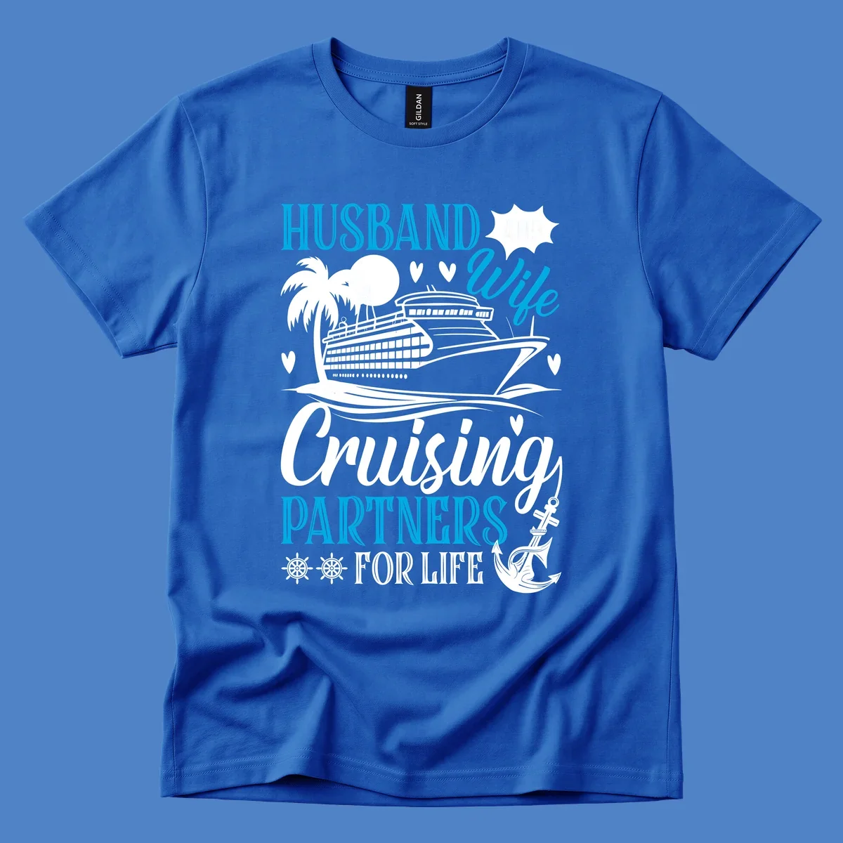 Husband and wife cruise partners design with ship, palm tree, anchor and hearts celebrating couples' cruise vacations