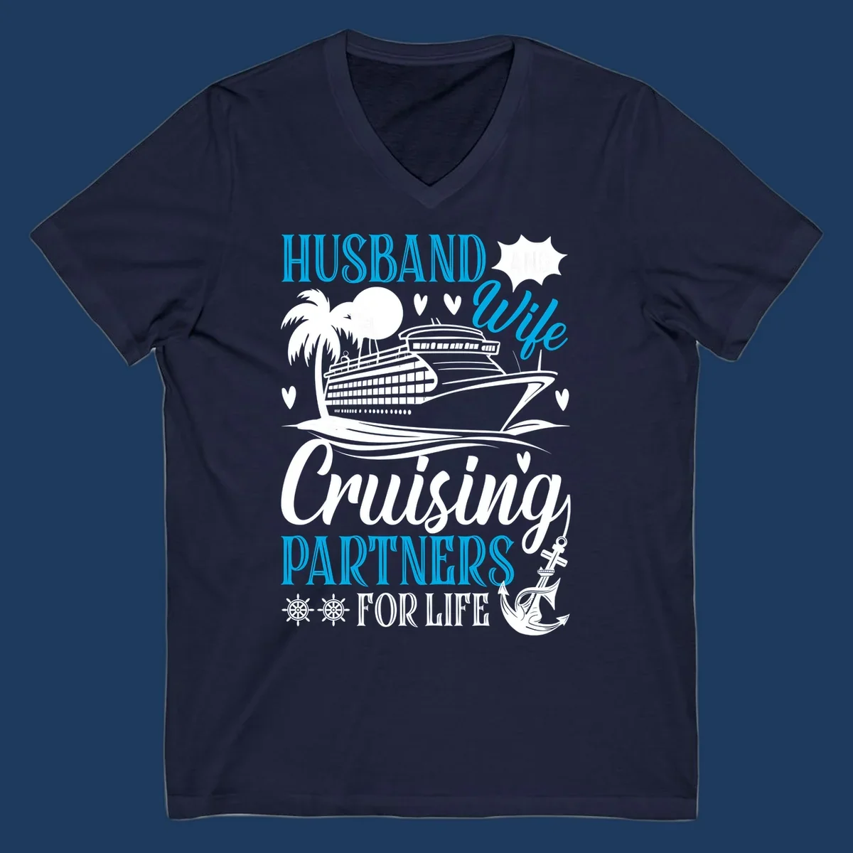Husband and wife cruise partners design with ship, palm tree, anchor and hearts celebrating couples' cruise vacations