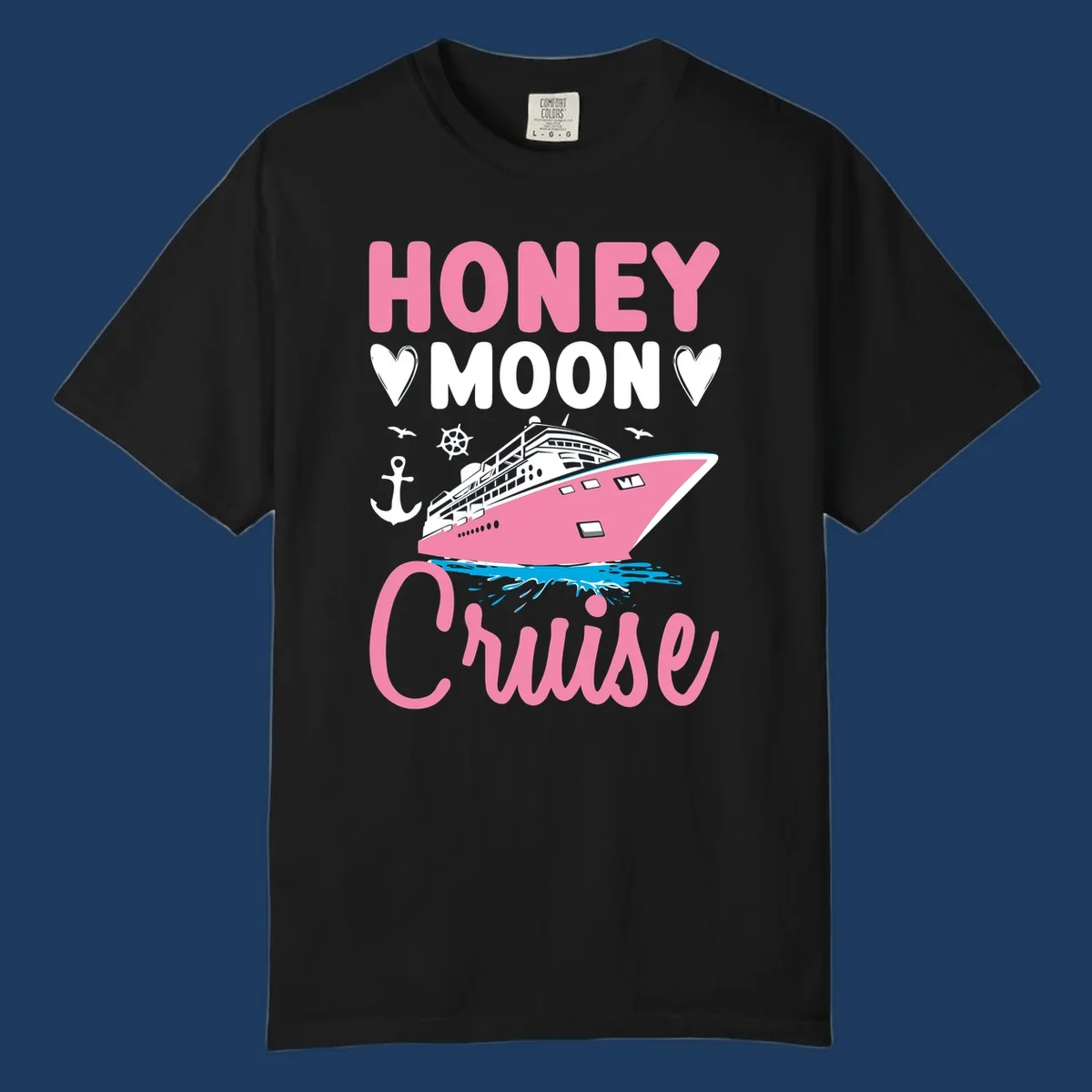 Honeymoon cruise ship design with pink vessel, nautical elements, hearts, and 'HONEY MOON CRUISE' text on gray background