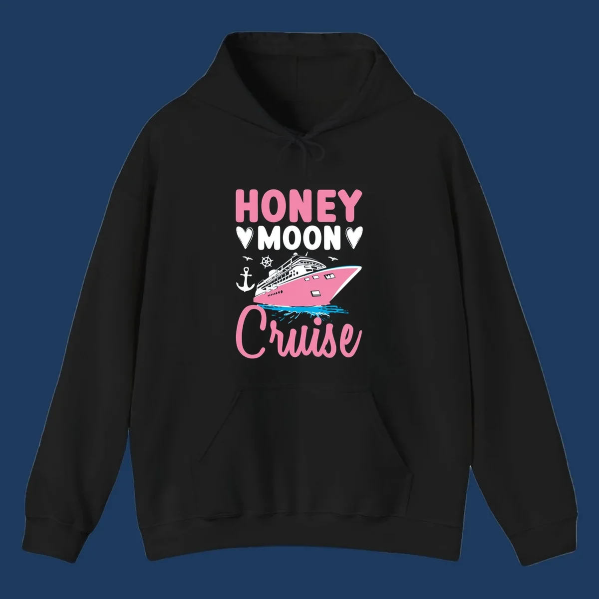Honeymoon cruise ship design with pink vessel, nautical elements, hearts, and 'HONEY MOON CRUISE' text on gray background