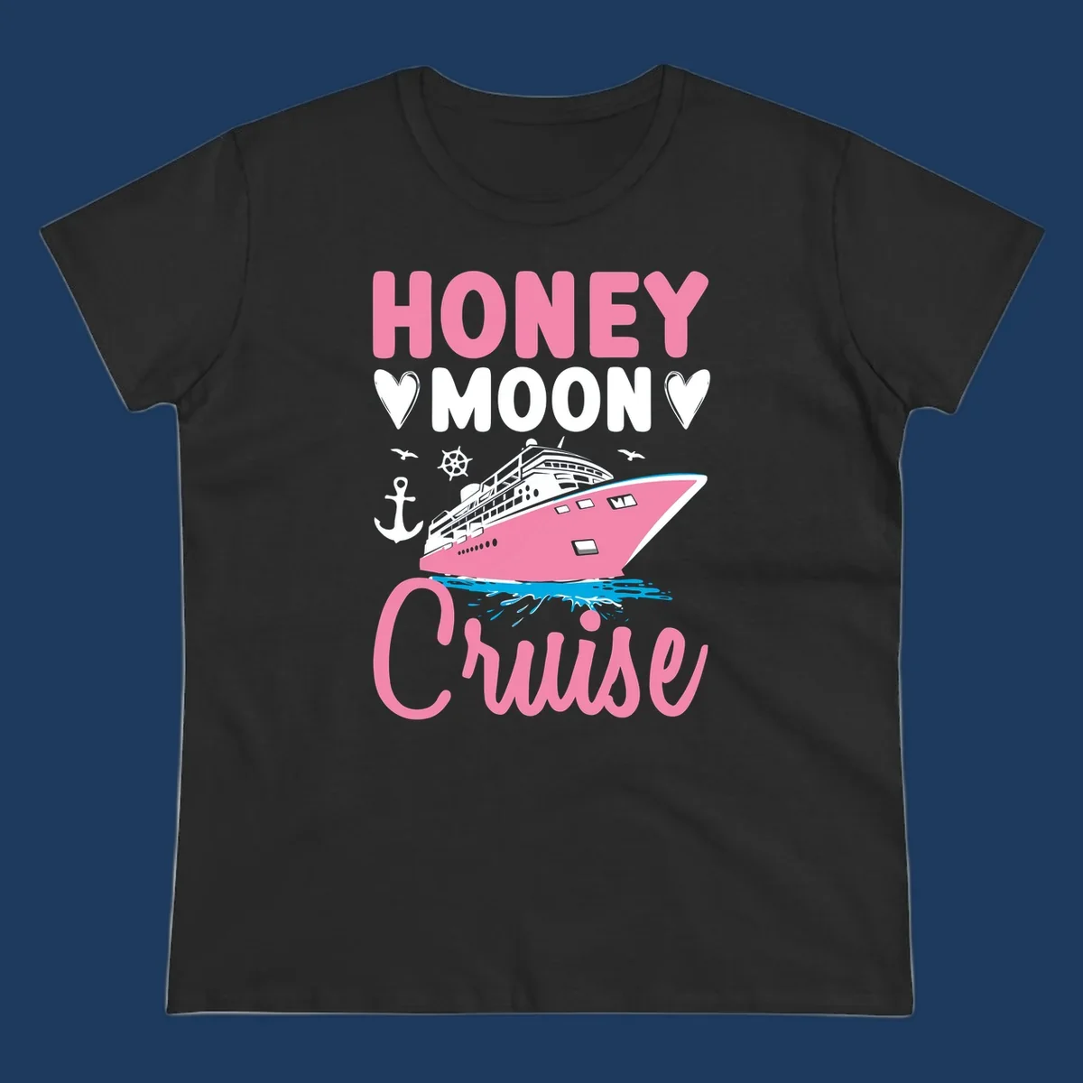 Honeymoon cruise ship design with pink vessel, nautical elements, hearts, and 'HONEY MOON CRUISE' text on gray background