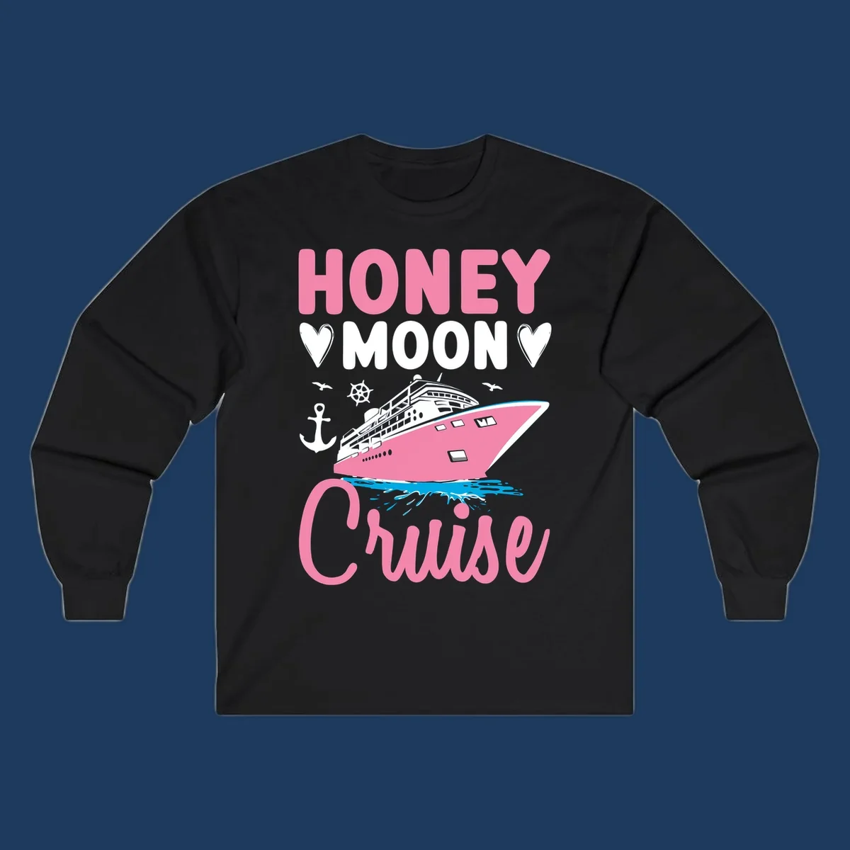 Honeymoon cruise ship design with pink vessel, nautical elements, hearts, and 'HONEY MOON CRUISE' text on gray background