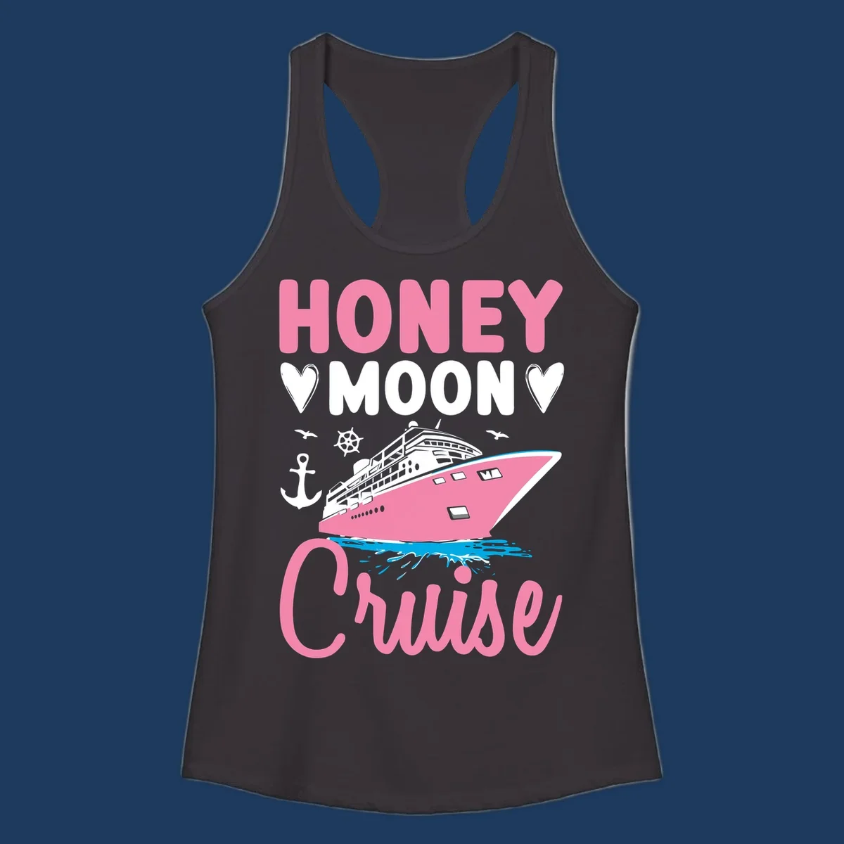 Honeymoon cruise ship design with pink vessel, nautical elements, hearts, and 'HONEY MOON CRUISE' text on gray background