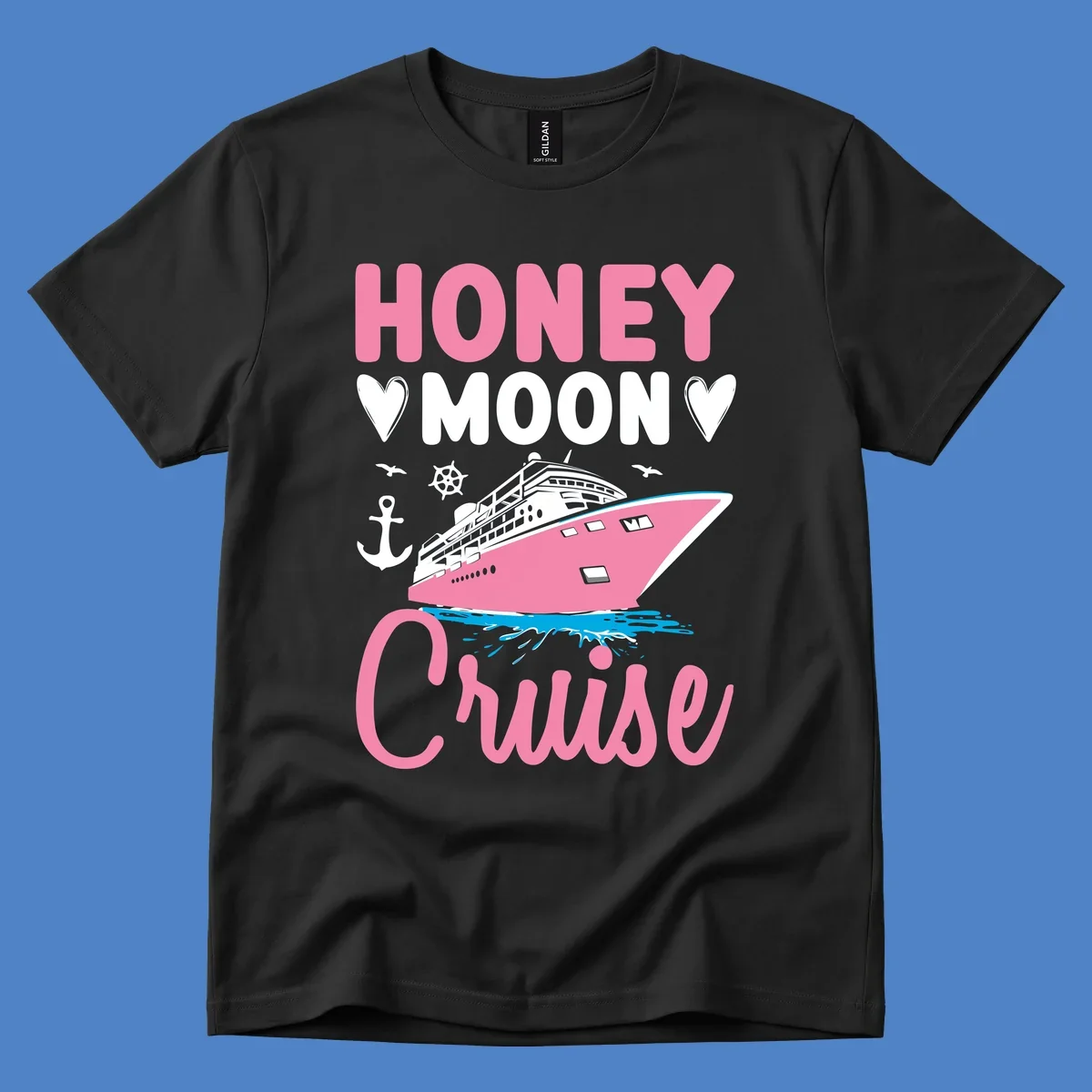 Honeymoon cruise ship design with pink vessel, nautical elements, hearts, and 'HONEY MOON CRUISE' text on gray background