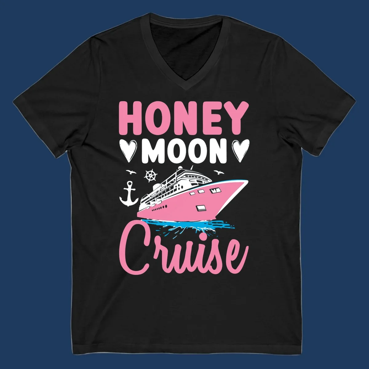 Honeymoon cruise ship design with pink vessel, nautical elements, hearts, and 'HONEY MOON CRUISE' text on gray background