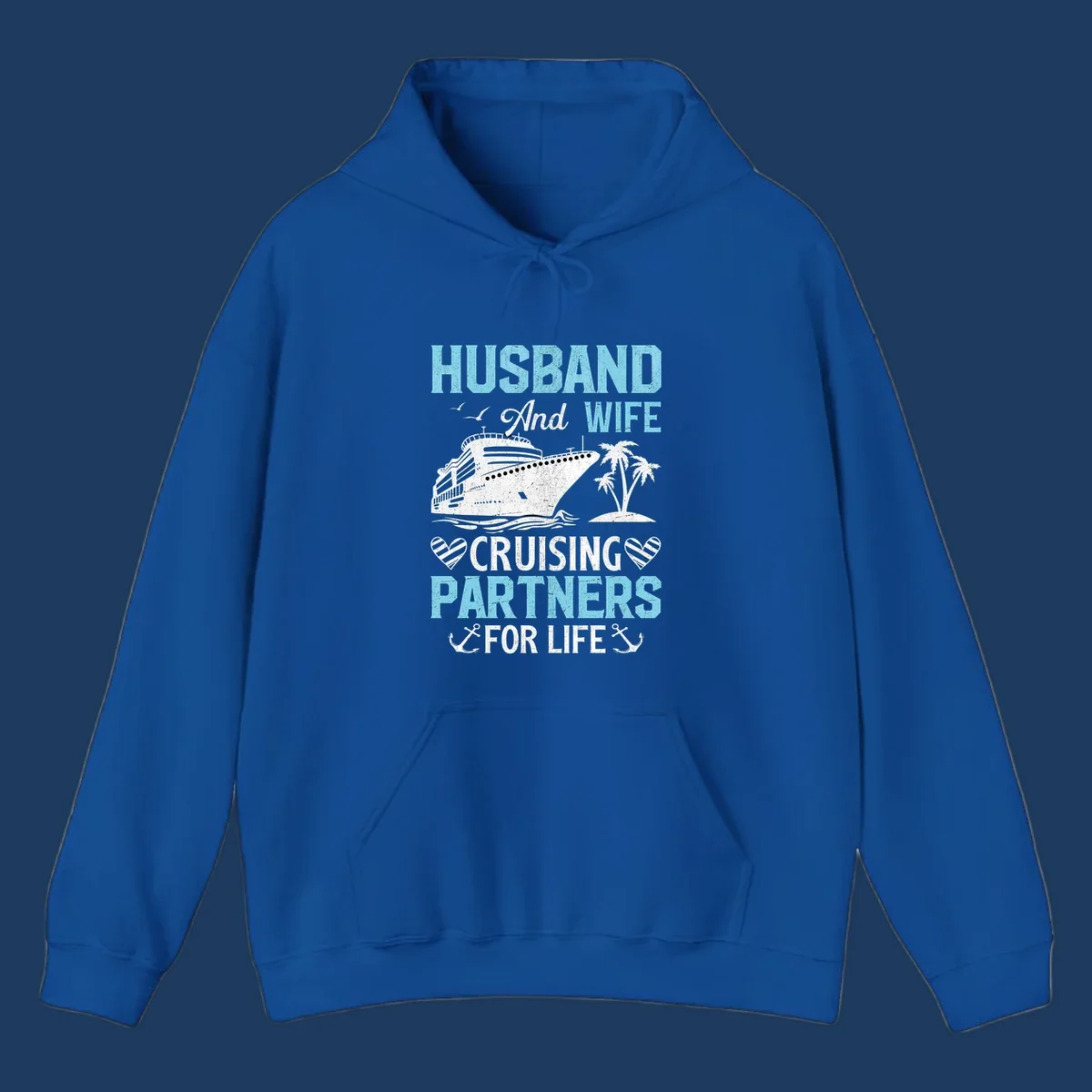 Vintage-style cruise ship with palm trees and ocean waves, text reading 'Husband and Wife Cruising Partners For Life' with decorative anchors and hearts