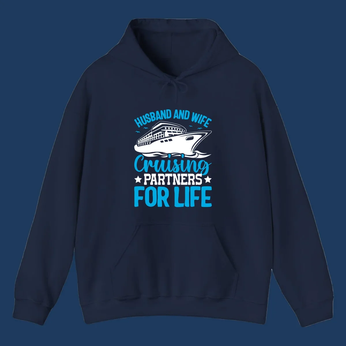 Cruise ship illustration with text reading 'Husband and Wife Cruising Partners for Life' in blue and white on gray background