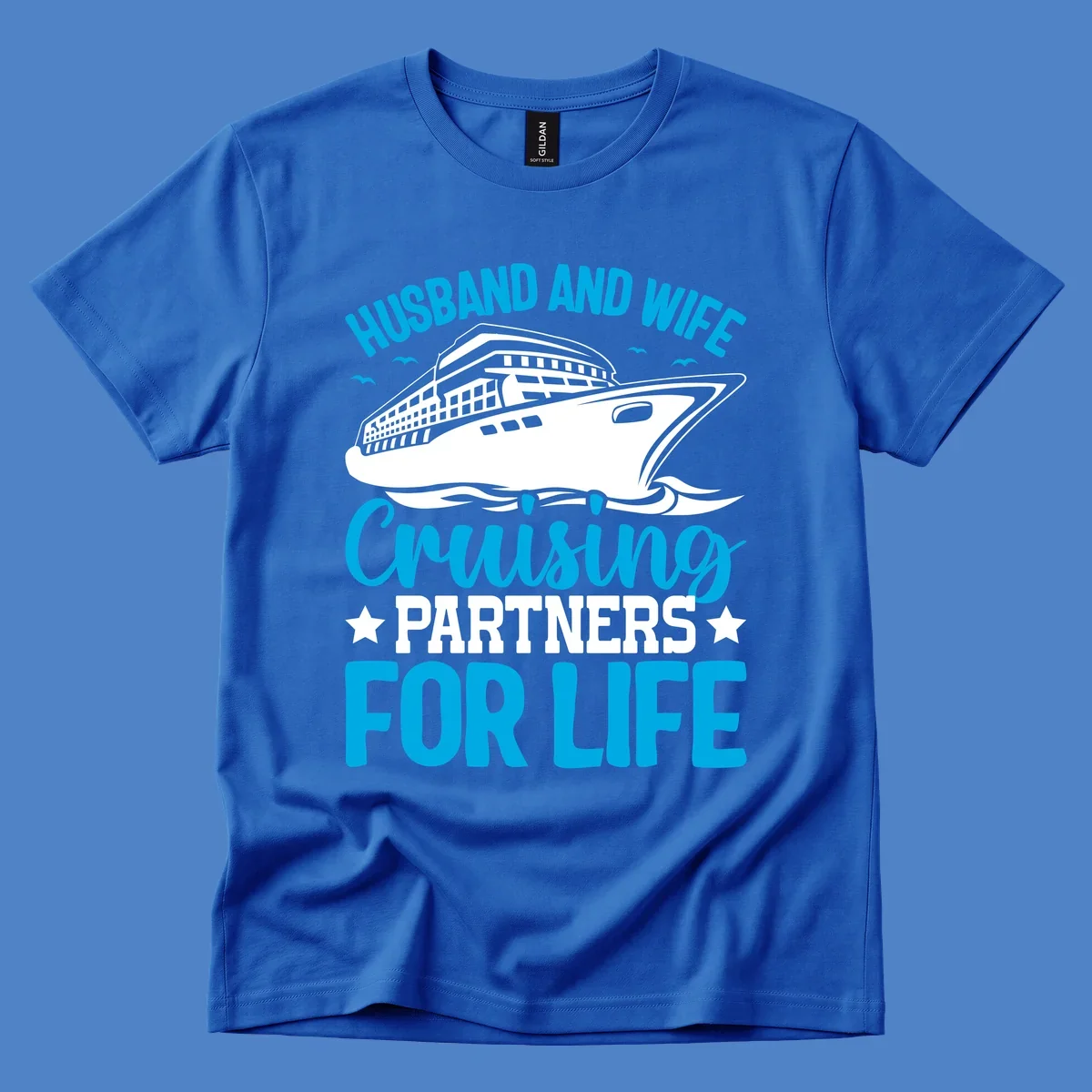 Cruise ship illustration with text reading 'Husband and Wife Cruising Partners for Life' in blue and white on gray background