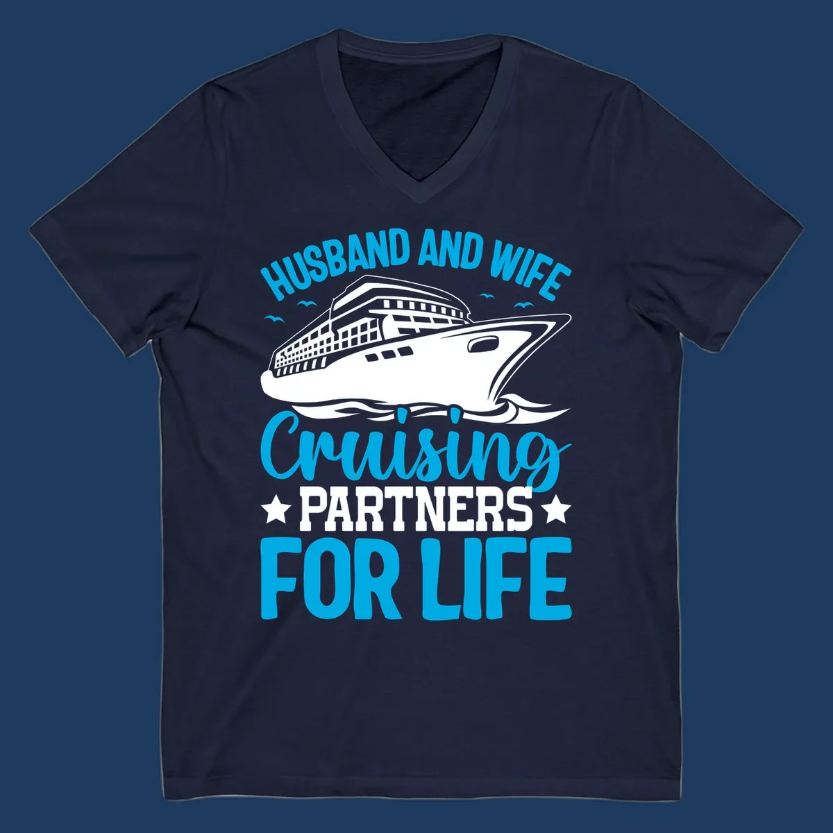 Cruise ship illustration with text reading 'Husband and Wife Cruising Partners for Life' in blue and white on gray background