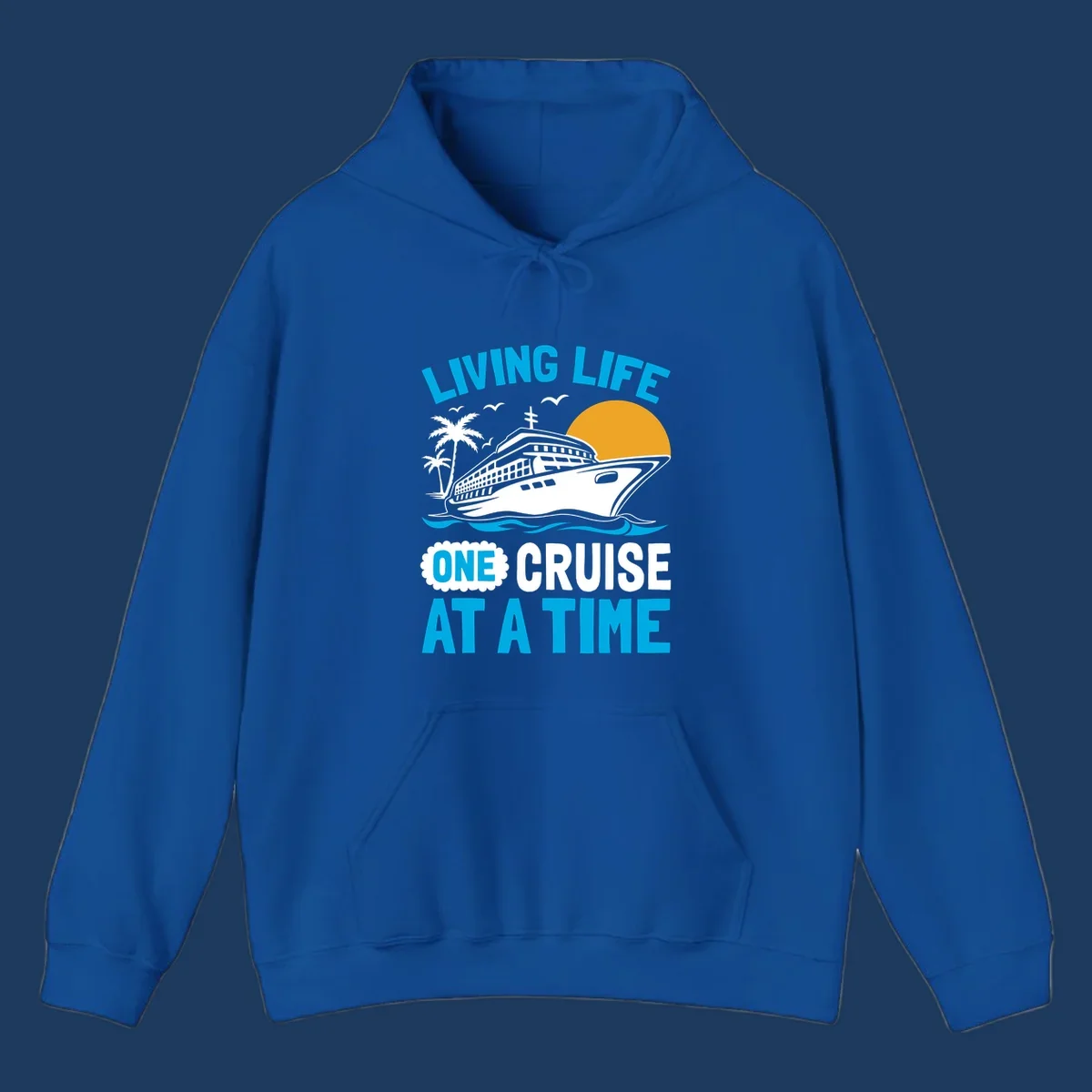 Cruise ship with palm trees and sun illustration with 'Living Life One Cruise At A Time' text design