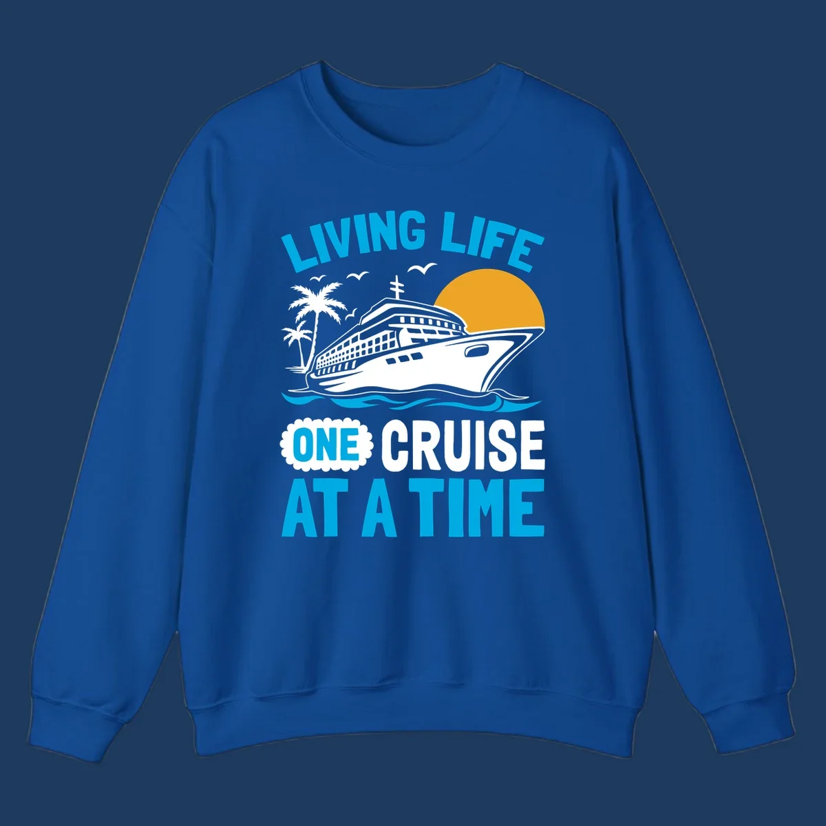 Cruise ship with palm trees and sun illustration with 'Living Life One Cruise At A Time' text design