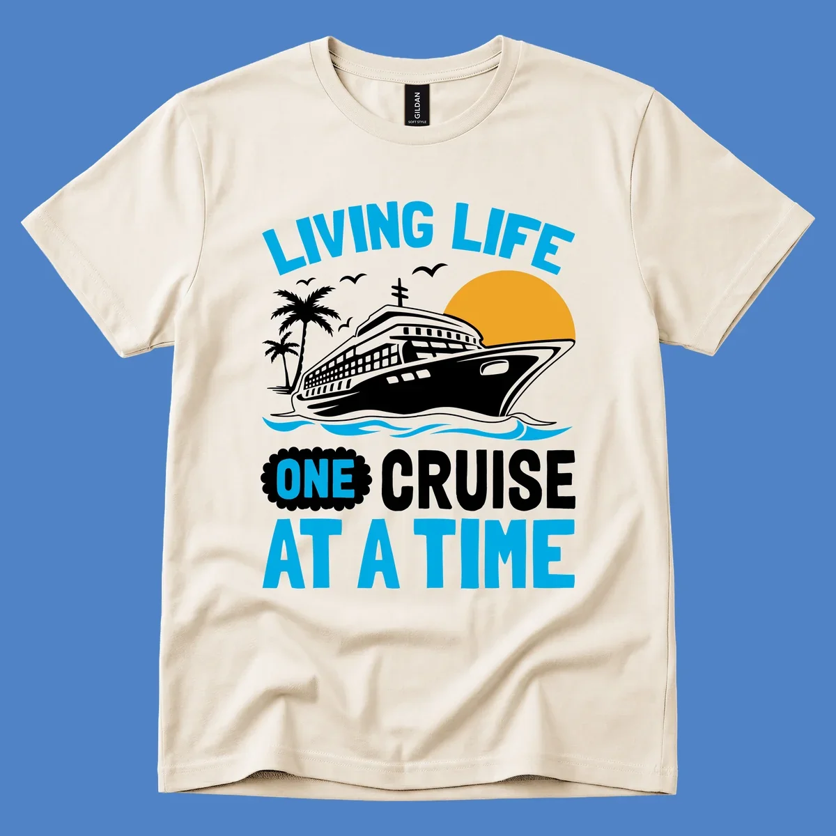 Cruise ship with palm trees and sun illustration with 'Living Life One Cruise At A Time' text design