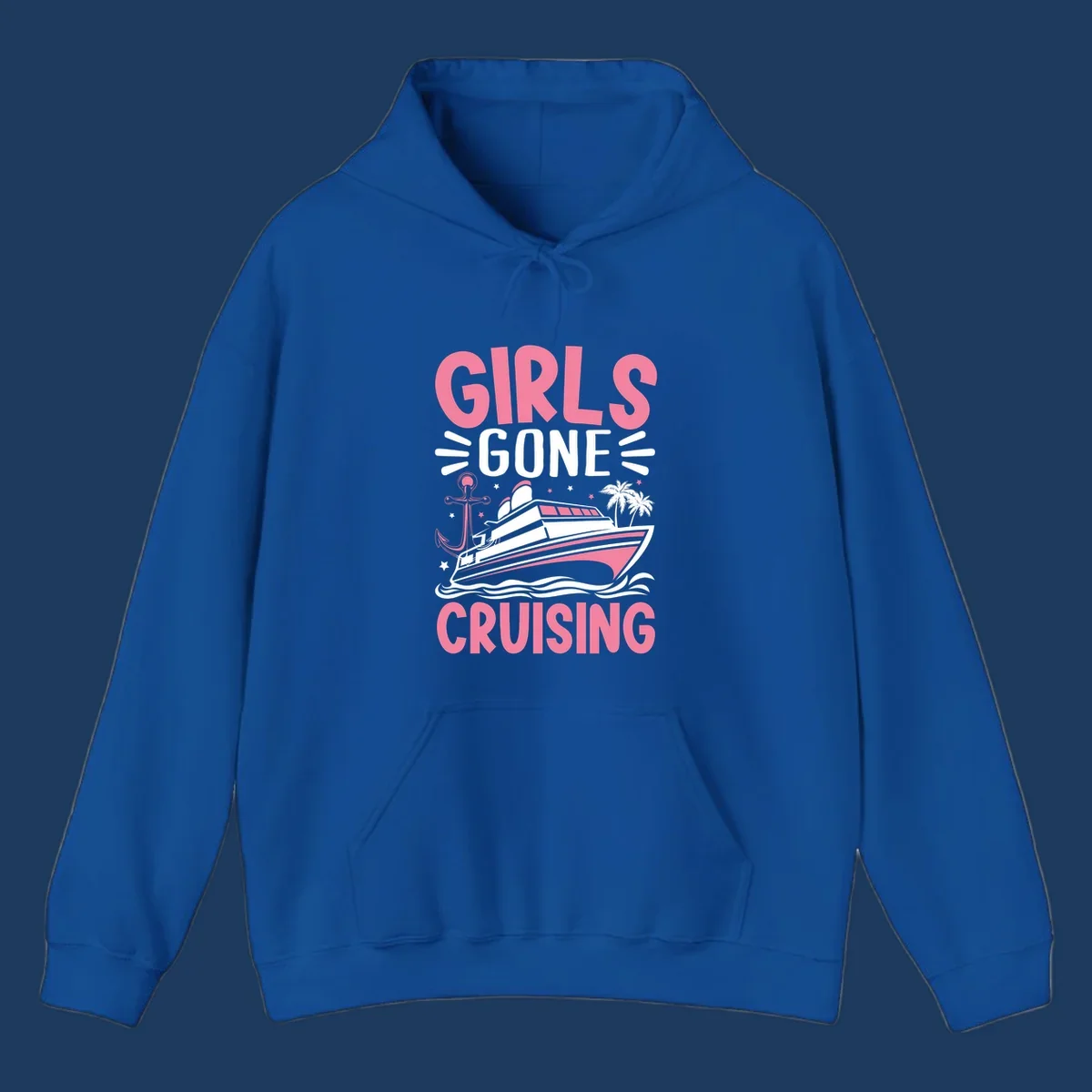Girls Gone Cruising design with pink text, luxury yacht, anchor, palm trees, stars, and waves on gray background