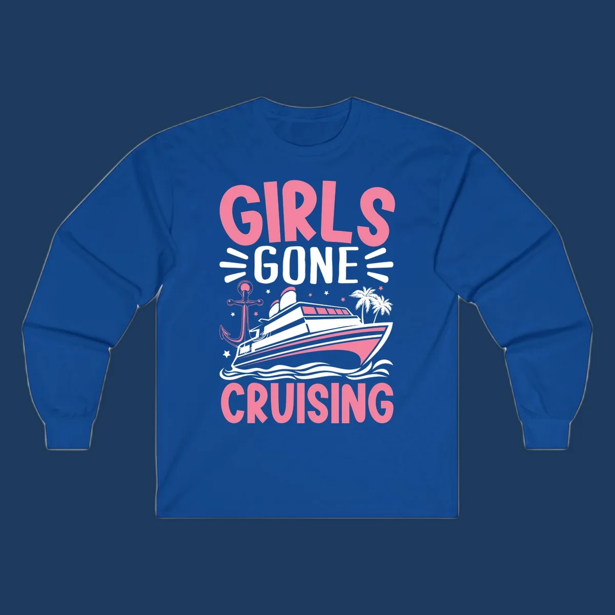 Girls Gone Cruising design with pink text, luxury yacht, anchor, palm trees, stars, and waves on gray background