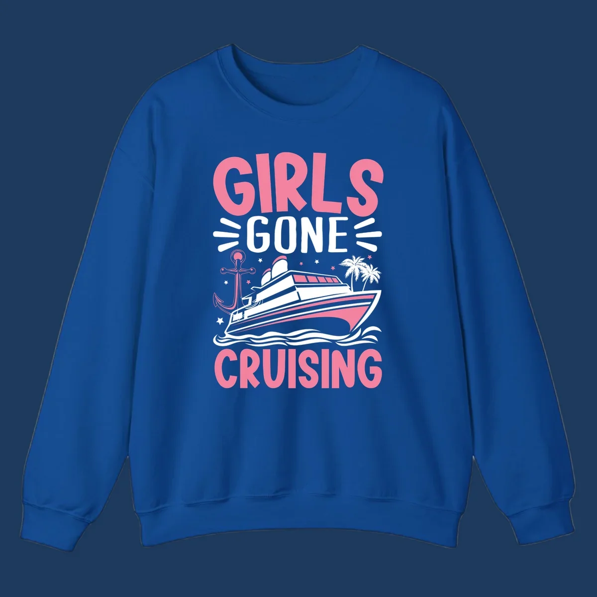 Girls Gone Cruising design with pink text, luxury yacht, anchor, palm trees, stars, and waves on gray background