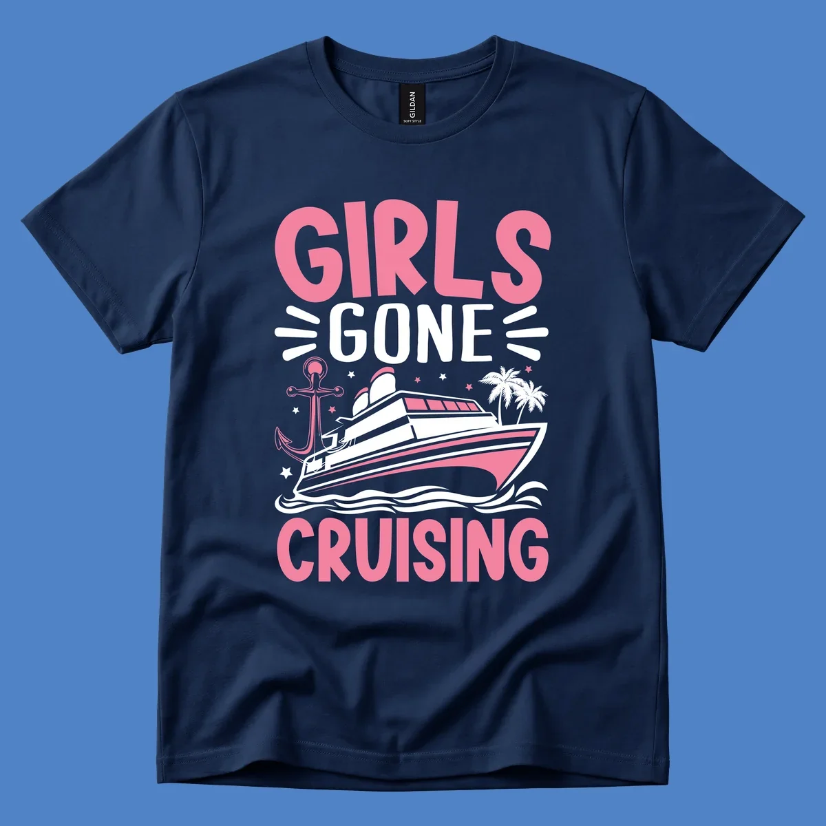 Girls Gone Cruising design with pink text, luxury yacht, anchor, palm trees, stars, and waves on gray background