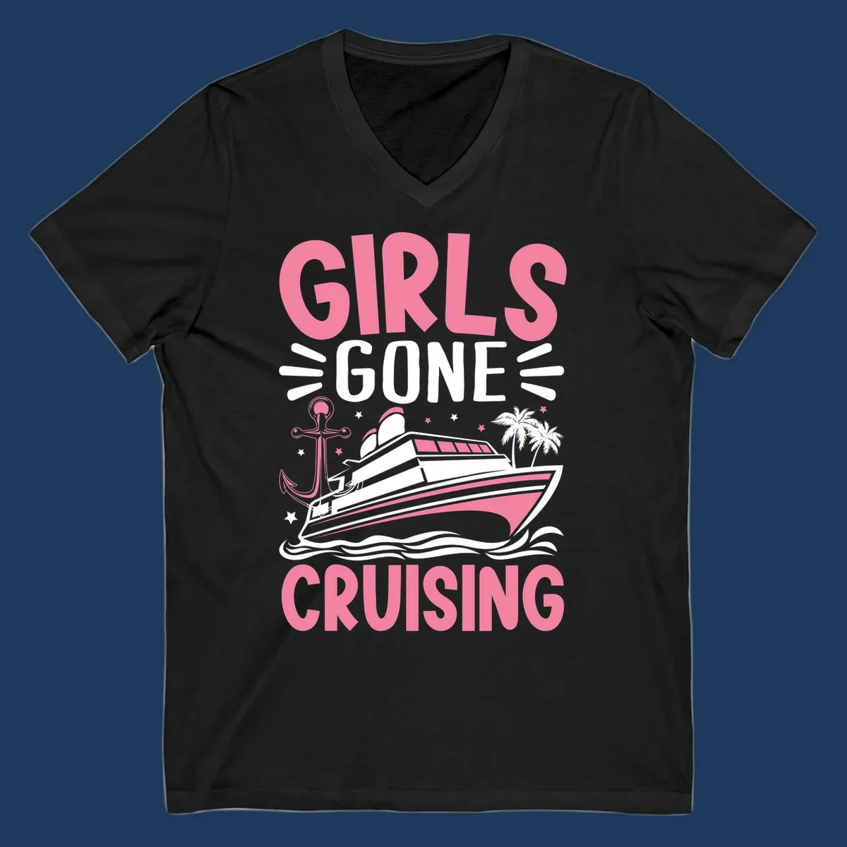 Girls Gone Cruising design with pink text, luxury yacht, anchor, palm trees, stars, and waves on gray background