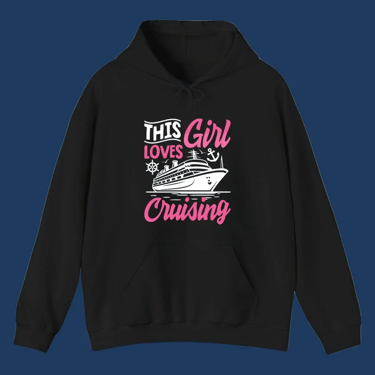 Girl loves cruising design with cruise ship, anchor, and wheel on gray background with pink and white text