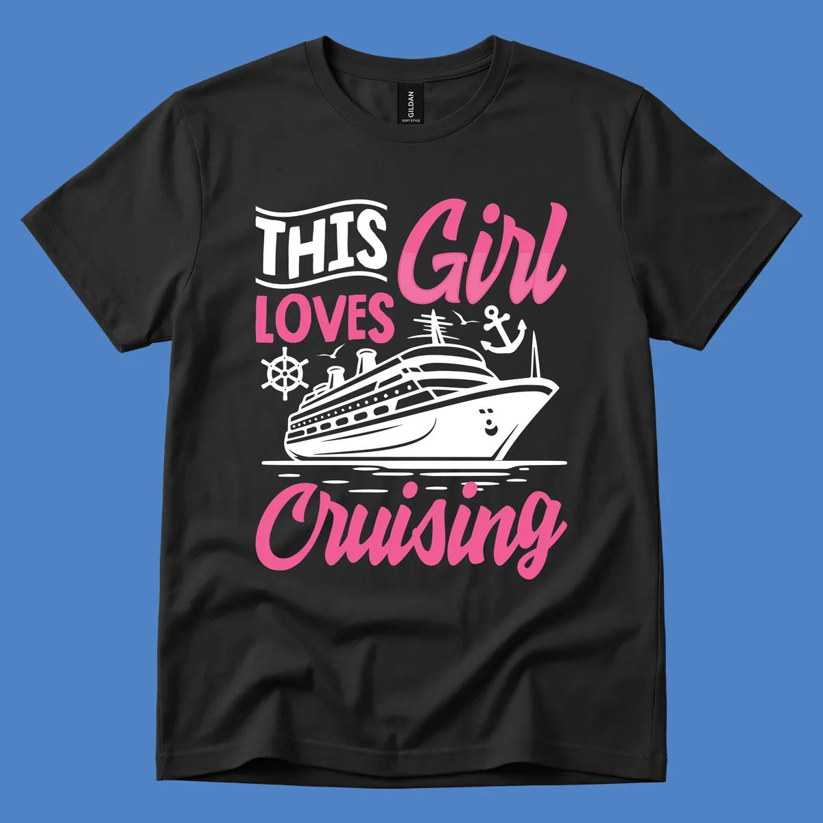 Girl loves cruising design with cruise ship, anchor, and wheel on gray background with pink and white text