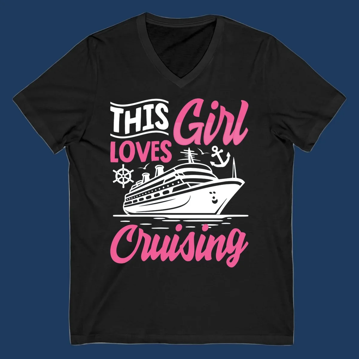 Girl loves cruising design with cruise ship, anchor, and wheel on gray background with pink and white text